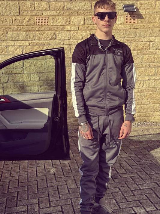 OHK Mens Grey With Black And White Panel Funnel Skinny Tracksuit